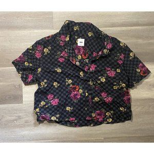 Vans Black Floral Plaid Button Down Short Sleeve Shirt Top Womens Size Medium M